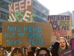 Nurses protest during a strike by NHS medical workers, amid a dispute with the government over pay, outside St Thomas' Hospital, in London, Britain, February 6, 2023