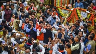 BJP councillors shout slogan against AAP councillors at the civic centre in New Delhi on Monday. (Raj K Raj/HT Photo) BJP councillors shout slogan against AAP councillors at the civic centre in New Delhi on Monday. (Raj K Raj/HT Photo)