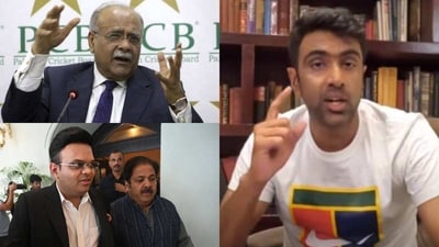 PCB chairman Najam Sethi (top left); ACC chairman Jay Shah (down left); R Ashwin (right)