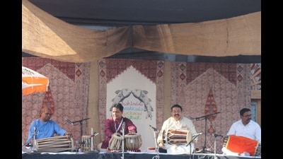 Pakhawaj player Dinesh Prasad (extreme left) at the Sanatkada fest in Lucknow. (HT Photo)