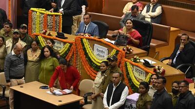 Presiding officer Satya Sharma at civic centre in New Delhi on Monday. (Raj K Raj/HT Photo) Presiding officer Satya Sharma at civic centre in New Delhi on Monday. (Raj K Raj/HT Photo)