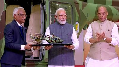 Prime Minister Narendra Modi and defence minister Rajnath Singh during the unveiling of the light utility helicopter at HAL's helicopter manufacturing factory in Tumakuru on Monday. (ANI) Prime Minister Narendra Modi and defence minister Rajnath Singh during the unveiling of the light utility helicopter at HAL's helicopter manufacturing factory in Tumakuru on Monday. (ANI)