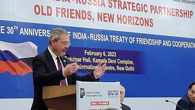 Russian ambassador Denis Alipov speaks during an event in New Delhi on Monday to mark the 30th anniversary of the Indo-Russian Friendship Treaty of 1993 (ANI)