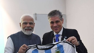 Modi was presented the shirt on the sidelines of the Indian Energy Week in Bengaluru. (ANI) Modi was presented the shirt on the sidelines of the Indian Energy Week in Bengaluru. (ANI)