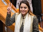 AAP Mayor candidate Shelly Oberoi flashes victory sign during the election of Mayor and Deputy Mayor of MCD at the Civic Centre in New Delhi on Monday, 
