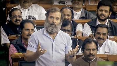 Congress MP Rahul Gandhi speaks in the Lok Sabha at the Motion of Thanks on the President's address during the Budget Session of Parliament, in New Delhi on Tuesday. (ANI) Congress MP Rahul Gandhi speaks in the Lok Sabha at the Motion of Thanks on the President's address during the Budget Session of Parliament, in New Delhi on Tuesday. (ANI)