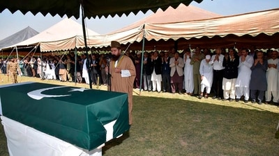 In this photo released by Inter Services Public Relations, military officials and others attend funeral prayer of Pakistan's former President Pervez Musharraf, in Karachi, Pakistan. (AP) In this photo released by Inter Services Public Relations, military officials and others attend funeral prayer of Pakistan's former President Pervez Musharraf, in Karachi, Pakistan. (AP)