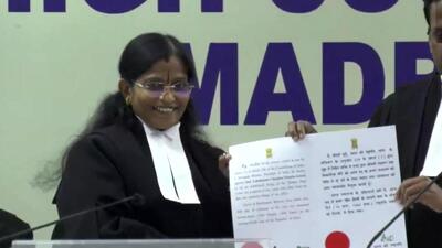 Gowri was the first to take oath among four others as additional judges administered by the acting chief justice, T Raja. (ANI image) Gowri was the first to take oath among four others as additional judges administered by the acting chief justice, T Raja. (ANI image)