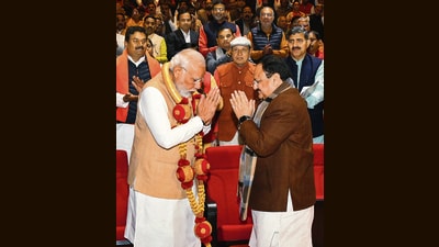 Prime Minister Narendra Modi being felicitated by Bharatiya Janata Party (BJP) National President JP Nadda on his arrival at the BJP Parliamentary Party Meeting for the Union Budget at Parliament House in New Delhi on Tuesday. (Amlan Paliwal) Prime Minister Narendra Modi being felicitated by Bharatiya Janata Party (BJP) National President JP Nadda on his arrival at the BJP Parliamentary Party Meeting for the Union Budget at Parliament House in New Delhi on Tuesday. (Amlan Paliwal)
