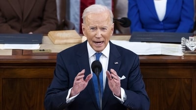 FILE - President Joe Biden delivers his first State of the Union address to a joint session of Congress at the Capitol, March 1, 2022, in Washington. (Jim Lo Scalzo/Pool via AP, File) (AP)