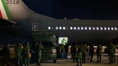 Mexican soldiers load supplies into an Air Force plane before departure with search and rescue teams to help in the aftermath of an earthquake in Turkey, at the Santa Lucia Military airbase, on the outskirts of Mexico City, Mexico on Monday. (REUTERS)