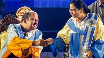West Bengal chief minister Mamata Banerjee being greeted by Governor C V Ananda Bose after she was conferred D. Lit degree during the 4th convocation ceremony of the St. Xavier's University in Kolkata on Monday (PTI) West Bengal chief minister Mamata Banerjee being greeted by Governor C V Ananda Bose after she was conferred D. Lit degree during the 4th convocation ceremony of the St. Xavier's University in Kolkata on Monday (PTI)