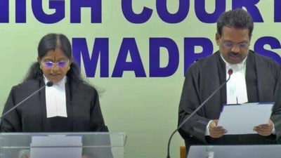 Advocate LC Victoria Gowri takes oath as an additional judge of the Madras high court on Tuesday. Advocate LC Victoria Gowri takes oath as an additional judge of the Madras high court on Tuesday.