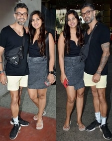 Nikhil Patel with Dalljiet Kaur at airport on Monday. (Varinder Chawla) Nikhil Patel with Dalljiet Kaur at airport on Monday. (Varinder Chawla)