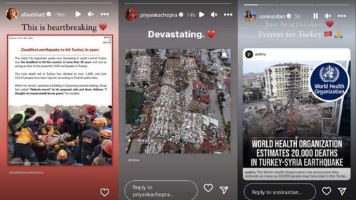 Alia Bhatt, Priyanka Chopra and Soni Razdan expressed grief over Turkey and Syria earthquakes. Alia Bhatt, Priyanka Chopra and Soni Razdan expressed grief over Turkey and Syria earthquakes.