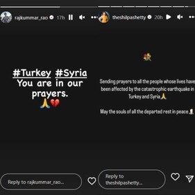 RajKummar Rao and Shilpa Shetty expressed grief over Turkey and Syria earthquakes. RajKummar Rao and Shilpa Shetty expressed grief over Turkey and Syria earthquakes.