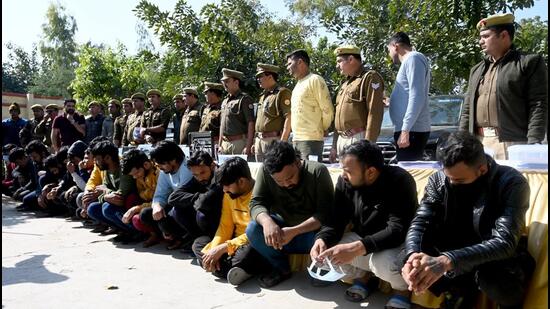 The suspects were produced before a magistrate and then sent to judicial custody. Teams have been formed to nab other members of the syndicate, said police officers. (Sunil Ghosh/HT Photo)