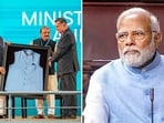 The image on the right shows Prime Minister Narendra Modi wearing a special blue jacket, made from recycled plastic bottles, in the Rajya Sabha during Budget Session of Parliament, in New Delhi, Wednesday, Feb. 8, 2023. In the left image the special jacket is being presented to him on Feb 9 at the India Energy Week in Bengaluru. The image on the right shows Prime Minister Narendra Modi wearing a special blue jacket, made from recycled plastic bottles, in the Rajya Sabha during Budget Session of Parliament, in New Delhi, Wednesday, Feb. 8, 2023. In the left image the special jacket is being presented to him on Feb 9 at the India Energy Week in Bengaluru.