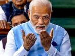 Prime Minister Narendra Modi replies to the Motion of Thanks on the President's address in the Lok Sabha during Budget Session of Parliament, in New Delhi, Wednesday, Feb. 8, 2023. Prime Minister Narendra Modi replies to the Motion of Thanks on the President's address in the Lok Sabha during Budget Session of Parliament, in New Delhi, Wednesday, Feb. 8, 2023.