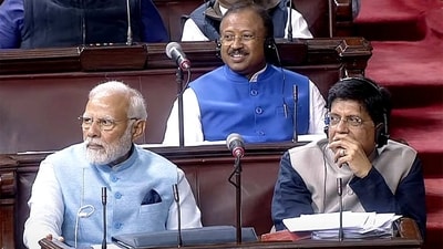 Prime Minister Narendra Modi on Wednesday wore a blue Nehru jacket to the Parliament that is made of material recycled from plastic bottles. (ANI) Prime Minister Narendra Modi on Wednesday wore a blue Nehru jacket to the Parliament that is made of material recycled from plastic bottles. (ANI)