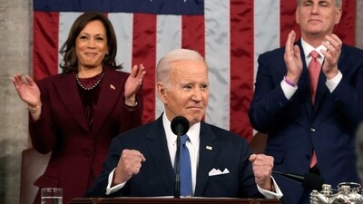 President Joe Biden delivers the State of the Union address to a joint session of Congress at the U.S. Capitol, Tuesday, in Washington, as Vice President Kamala Harris and House Speaker Kevin McCarthy of Calif., applaud. (AP) President Joe Biden delivers the State of the Union address to a joint session of Congress at the U.S. Capitol, Tuesday, in Washington, as Vice President Kamala Harris and House Speaker Kevin McCarthy of Calif., applaud. (AP)