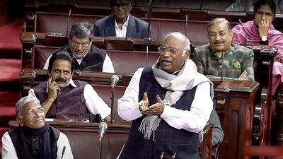Leader of Opposition in Rajya Sabha Mallikarjun Kharge speaks during a debate on the Motion of Thanks on the President's address during the Budget Session of Parliament, in New Delhi on Wednesday. (ANI) Leader of Opposition in Rajya Sabha Mallikarjun Kharge speaks during a debate on the Motion of Thanks on the President's address during the Budget Session of Parliament, in New Delhi on Wednesday. (ANI)