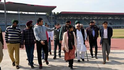 Ludhiana MC commissioner Shena Aggarwal and Ludhiana West MLA Gurpreet Bassi Gogi at the stadium on Wednesday. (HT Photo)