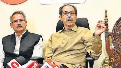 Mumbai, India - February 08, 2023: Shiv Sena (UBT) chief Uddhav Thackeray alongside Rajya Sabha MP Anil Desai, addresses a press conference at Matoshree, Bandra, in Mumbai, India, on Wednesday, February 08, 2023. (Photo by Vijay Bate/HT Photo) (HT PHOTO) Mumbai, India - February 08, 2023: Shiv Sena (UBT) chief Uddhav Thackeray alongside Rajya Sabha MP Anil Desai, addresses a press conference at Matoshree, Bandra, in Mumbai, India, on Wednesday, February 08, 2023. (Photo by Vijay Bate/HT Photo) (HT PHOTO)