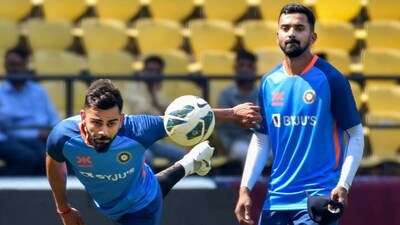 Virat Kohli and KL Rahul during a practice session ahead of the first Test against Australia. (PTI) Virat Kohli and KL Rahul during a practice session ahead of the first Test against Australia. (PTI)