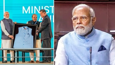 The image on the right shows Prime Minister Narendra Modi wearing a special blue jacket, made from recycled plastic bottles, in the Rajya Sabha during Budget Session of Parliament, in New Delhi, Wednesday, Feb. 8, 2023. In the left image the special jacket is being presented to him on Feb 9 at the India Energy Week in Bengaluru. (PTI) The image on the right shows Prime Minister Narendra Modi wearing a special blue jacket, made from recycled plastic bottles, in the Rajya Sabha during Budget Session of Parliament, in New Delhi, Wednesday, Feb. 8, 2023. In the left image the special jacket is being presented to him on Feb 9 at the India Energy Week in Bengaluru. (PTI)