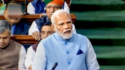 PM Modi's sustainable blue jacket was presented to him by Indian Oil Corporation during India Energy Week in Bengaluru on February 6 when he launched the uniforms under the "Unbottled" initiative of the company. (PTI) PM Modi's sustainable blue jacket was presented to him by Indian Oil Corporation during India Energy Week in Bengaluru on February 6 when he launched the uniforms under the "Unbottled" initiative of the company. (PTI)