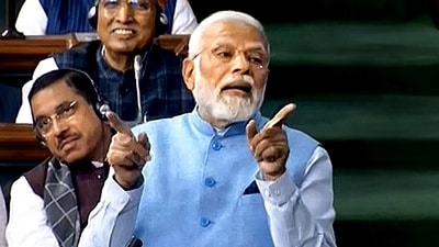 PM Narendra Modi replies to the 'Motion of Thanks' on President Droupadi Murmu's address in the Lok Sabha during the Budget Session of Parliament in New Delhi, Wednesday, Feb. 8, 2023. (PTI Photo) PM Narendra Modi replies to the 'Motion of Thanks' on President Droupadi Murmu's address in the Lok Sabha during the Budget Session of Parliament in New Delhi, Wednesday, Feb. 8, 2023. (PTI Photo)