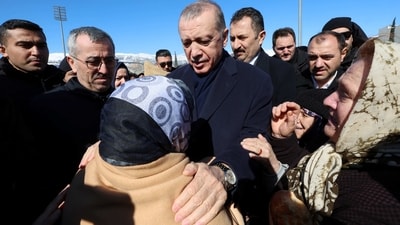Turkish President Recep Tayyip Erdogan meets people in the aftermath of a deadly earthquake in Kahramanmaras, Turkey. (Reuters)