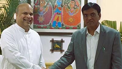 Sri Lankan high commissioner Milinda Moragoda met Union health minister Mansukh Mandaviya on Wednesday (Twitter/SLinIndia) Sri Lankan high commissioner Milinda Moragoda met Union health minister Mansukh Mandaviya on Wednesday (Twitter/SLinIndia)