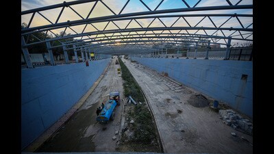 The under-construction integrated transit corridor tunnel at the Bhairon Marg-Ring Road T Point. (Raj K Raj/HT) The under-construction integrated transit corridor tunnel at the Bhairon Marg-Ring Road T Point. (Raj K Raj/HT)