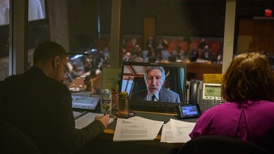 British musician Roger Waters is displayed on a screen during an address to a UN Security Council meeting on Ukraine, at UN headquarters in New York on February 8, 2023. (AFP) British musician Roger Waters is displayed on a screen during an address to a UN Security Council meeting on Ukraine, at UN headquarters in New York on February 8, 2023. (AFP)