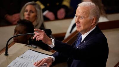 US President Joe Biden delivers his State of the Union address during a joint meeting of Congress in the House Chamber of the US Capitol in Washington, DC, on Tuesday. (Getty Images via AFP) US President Joe Biden delivers his State of the Union address during a joint meeting of Congress in the House Chamber of the US Capitol in Washington, DC, on Tuesday. (Getty Images via AFP)