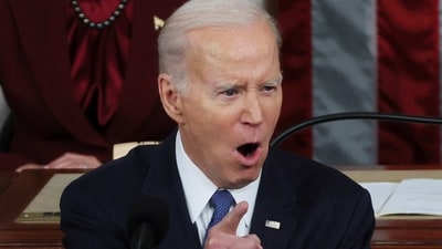 Joe Biden State Of The Union Address: US President Joe Biden makes a point as he delivers his State of the Union address before a joint session of Congress in the House Chamber. (Reuters)