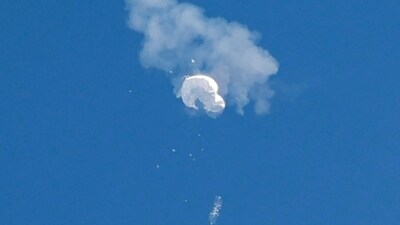 Chinese Spy Balloon: The suspected Chinese spy balloon drifts to the ocean after being shot down off the coast in Surfside Beach, South Carolina, US. (Reuters)