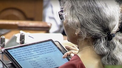 Union finance minister Nirmala Sitharaman presents the Union Budget 2023-24 in the Rajya Sabha on the second day of Budget Session of Parliament on Wednesday. (ANI)