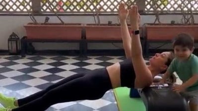 Jeh Ali Khan made an appearance in mom Kareena Kapoor's workout video. Jeh Ali Khan made an appearance in mom Kareena Kapoor's workout video.
