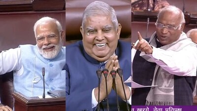 Prime Minister Narendra Modi (L), Vice President Jagdeep Dhankhar (Centre), and leader of Opposition in Rajya Sabha Mallikarjun Kharge (Right). Prime Minister Narendra Modi (L), Vice President Jagdeep Dhankhar (Centre), and leader of Opposition in Rajya Sabha Mallikarjun Kharge (Right).