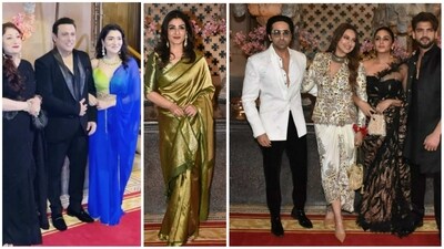 Govinda, Raveena Tandon, Ayushmann Khurrana, Sonakshi Sinha, Huma Qureshi, Zaheer Iqbal at Ramesh Taurani's daughter's wedding reception. (Varinder Chawla) Govinda, Raveena Tandon, Ayushmann Khurrana, Sonakshi Sinha, Huma Qureshi, Zaheer Iqbal at Ramesh Taurani's daughter's wedding reception. (Varinder Chawla)