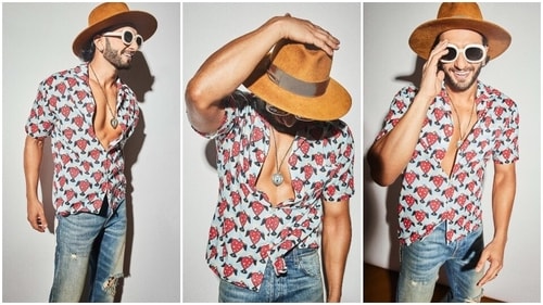 Ranveer teamed the printed shirt with acid-washed light blue denim jeans featuring a mid-rise waist, distressed details on the front, frayed hem, and a straight-leg fitting. (Instagram) Ranveer teamed the printed shirt with acid-washed light blue denim jeans featuring a mid-rise waist, distressed details on the front, frayed hem, and a straight-leg fitting. (Instagram)