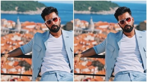 Vicky Kaushal donned a white T-shirt and a pastel blue blazer, with folded sleeves. (Instagram/@vickykaushal09) Vicky Kaushal donned a white T-shirt and a pastel blue blazer, with folded sleeves. (Instagram/@vickykaushal09)