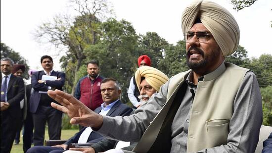 Punjab agriculture and farmers welfare minister Kuldeep Singh Dhaliwal addressing media persons in Ludhiana on Wednesday. (Gurpreet Singh/HT)