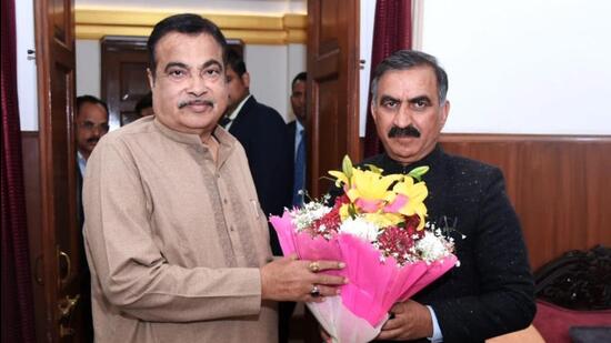 Union minister for road transport and highways Nitin Gadkari with Himachal CM Sukhvinder Singh Sukhu in New Delhi on Wednesday. (HT Photo)
