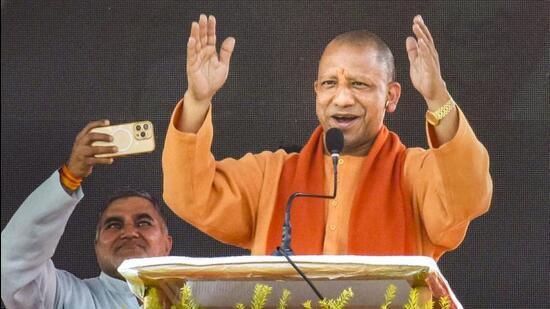 Uttar Pradesh chief minister Yogi Adityanath during a rally for the Tripura assembly polls, in Agartala on Wednesday. (PTI PHOTO)