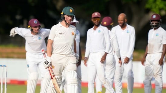 Zimbabwe batsman Garry Ballance walks off the pitch after been dismissed on the final day of the first Test cricket match between Zimbabwe and West Indies at Queens Sports Club in Bulawayo, Zimbabwe, (AP)