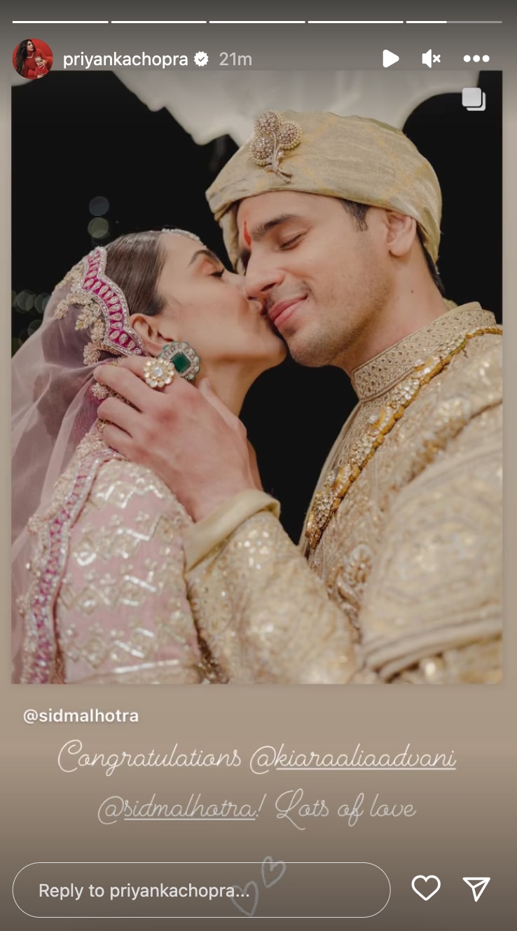 Priyanka Chopra's note for Kiara and Sid. Priyanka Chopra's note for Kiara and Sid.